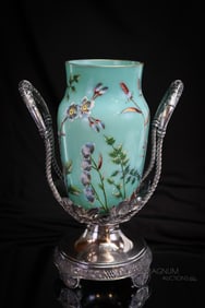 Harford Silverplate Victorian Jade Opaline Uranium Enameled Glass Celery Vase