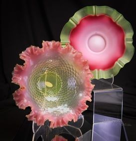 2 pc Lot Vaseline & Pink Glass Victorian Art Glass Brides Bowls