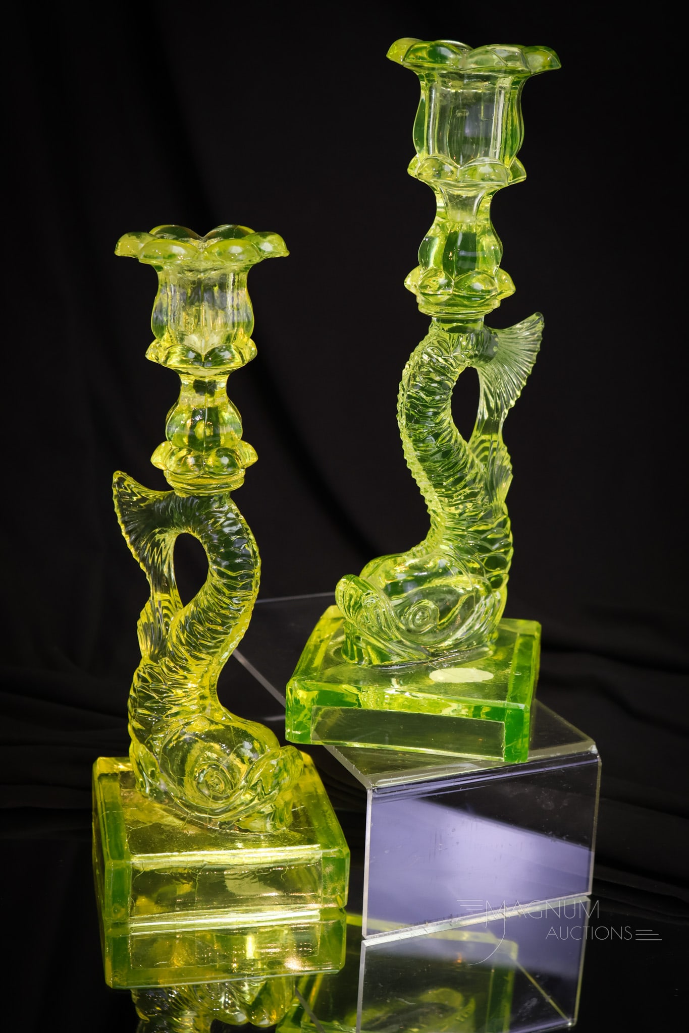 Pair Boston Sandwich Vaseline Glass Flint 10 1/4" Dolphin Candlesticks (1 of 9)