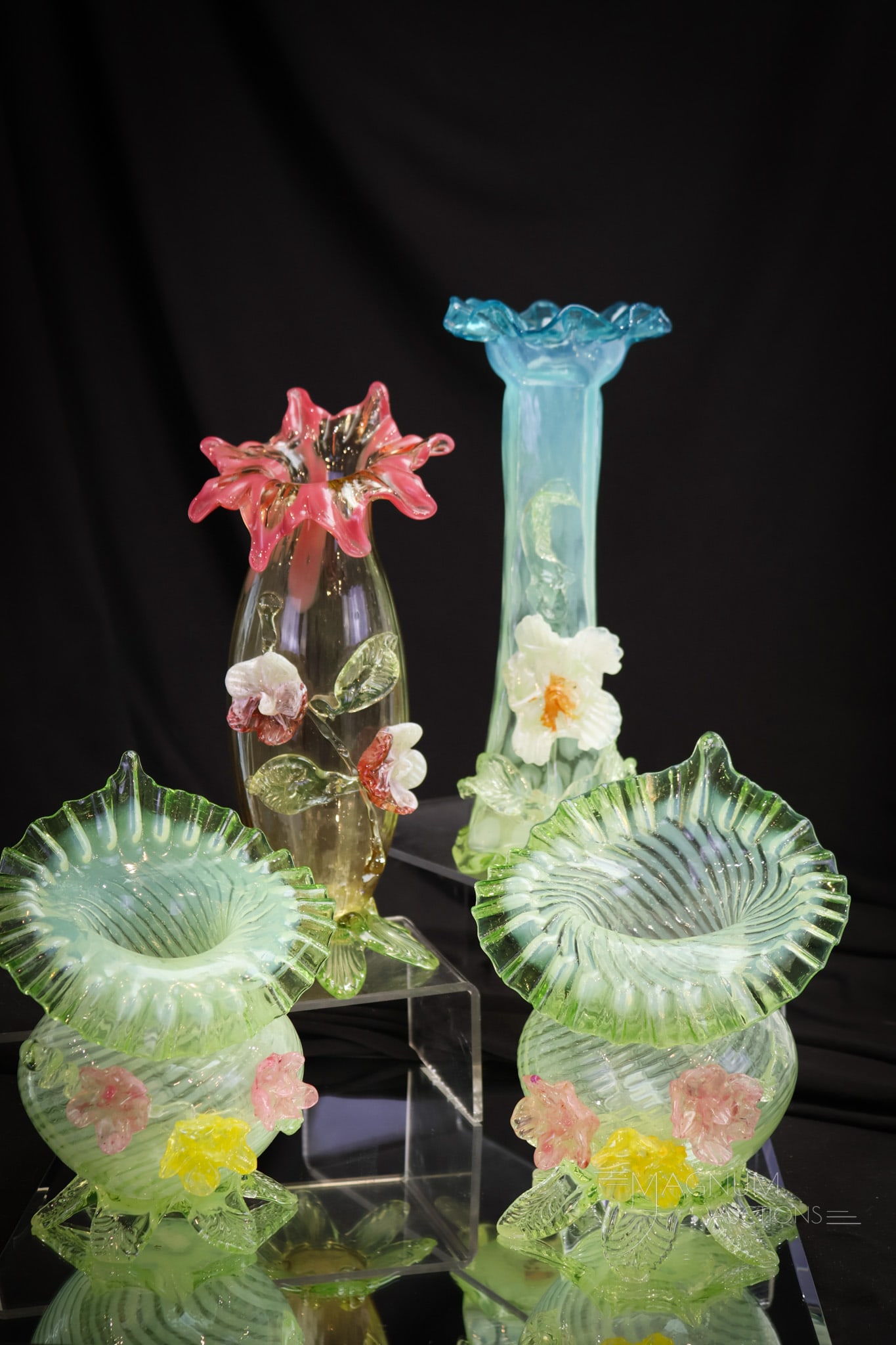 4 pc Lot Victorian Vaseline Applied Art Glass (1 of 13)