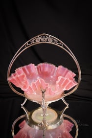 Meriden Silverplate Victorian Vaseline Pink Opalescent Peacock Eye Bride's Bowl Basket