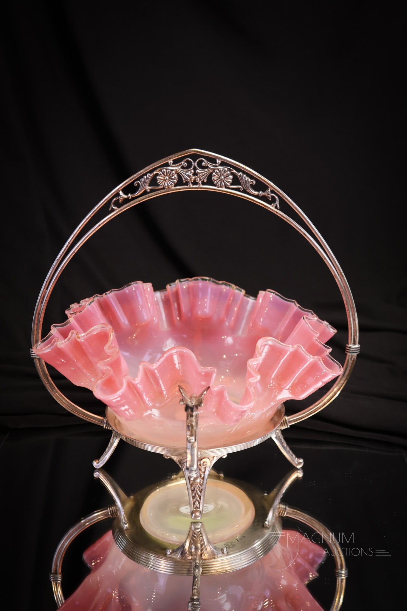 Meriden Silverplate Victorian Vaseline Pink Opalescent Peacock Eye Bride's Bowl Basket (1 of 9)