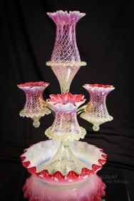 Museum Victorian English Art Glass Vaseline Cranberry Threaded Dot Opalescent Epergne