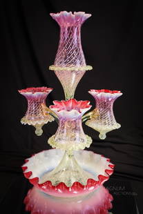 Museum Victorian English Art Glass Vaseline Cranberry Threaded Dot Opalescent Epergne: Stand up and take your hats off for this fine piece of English art glass. This epergne is made in cranberry and vaseline glass. It has a most unusual opalescent threaded dot pattern to the glass. This