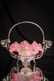 Victorian Silverplate Junior Pink Opalescent Vaseline Art Glass Bride's Bowl Basket