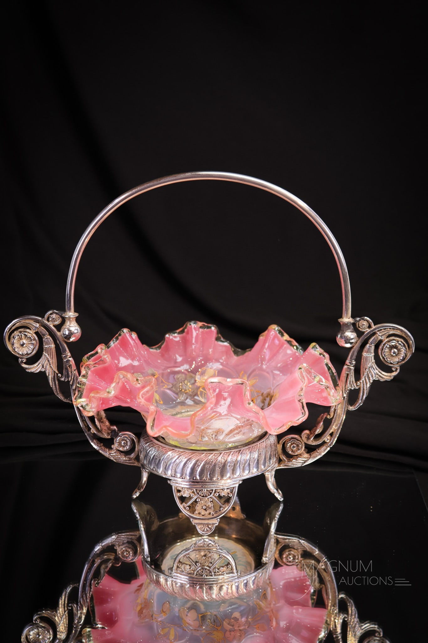 Victorian Silverplate Junior Pink Opalescent Vaseline Art Glass Bride's Bowl Basket (1 of 9)