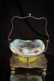 Vaseline Opalescent Enameled Victorian Glass Silveplate Sweetmeat