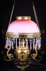 Pink Satin Mother of Pearl Victorian Herringbone Hanging Parlor Lamp