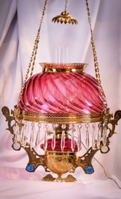 Cranberry Raised Swirl Glass Victorian Hanging Parlor Oil Lamp