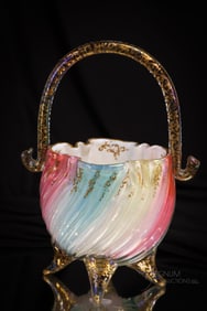 Very Rare Loetz Rainbow Victorian Uranium Art Glass Gilt Footed Glass Basket