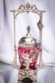 Tufts Silverplate Victorian Glass Cranberry Enameled Pickle Castor