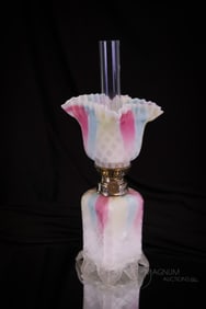 Victorian Rainbow Mother of Pearl Satin Glass Diamond Quilt Miniature Oil Lamp