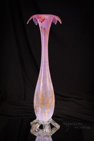 Pink Opalescent Gilt Decorated Victorian 16" Tall Art Glass Vase