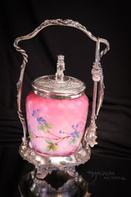 Meriden Silverplate Victorian Mother of Pearl Satin Enameled Glass Pickle Castor