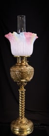 Rare Victorian Rainbow Mother of Pearl Satin Art Glass Banquet Oil Lamp