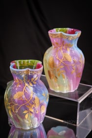 Rare Pair Rainbow Harrach Victorian Glass Gilt Enameled Vases
