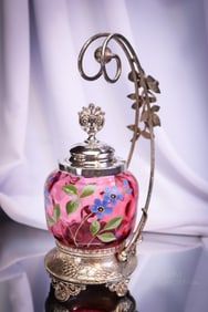 Acme Victorian Silverplate Victorian Cranberry Enameled Glass Pickle Castor