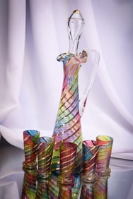 Rare Rainbow Victorian Swirled Gilt Art Glass Decanter Set