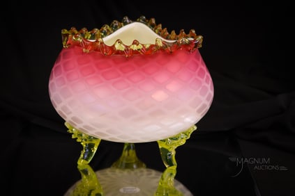 Vaseline & Mother of Pearl Victorian Art Glass Triangular 7" Footed Bowl