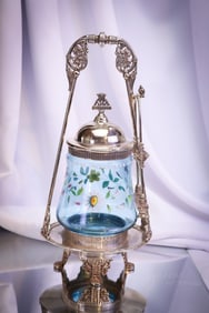 Meriden Silverplate Victorian Blue Enameled Glass Pickle Castor