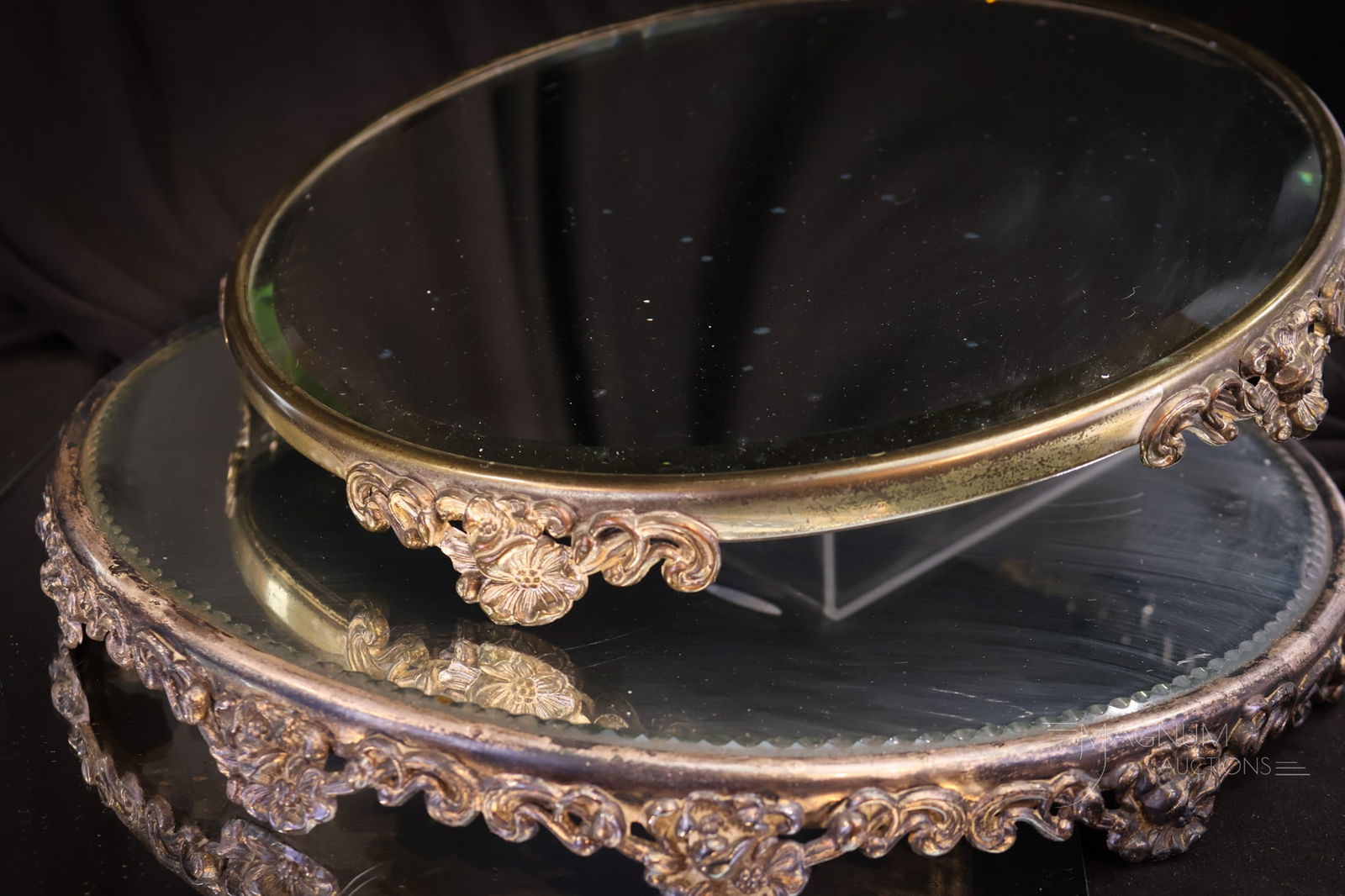 2 pc Lot Victorian Silverplate Beveled Mirror Plateaus (1 of 5)