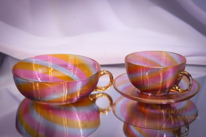 3 pc Lot Rare Victorian Vivid Rainbow Threaded Art Glass Cup & Saucer & More