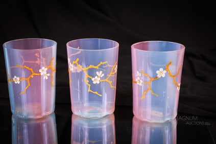 3 pc Lot Two Color Rainbow Enameled Victorian Art Glass Tumblers