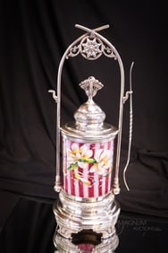 Simpson Hall Miller Victorian Cranberry Opalescent Stripe 13 1/2" Pickle Castor