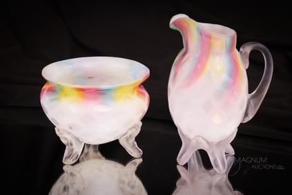 Rare Rainbow Victorian Mother of Pearl Satin Glass Creamer & Sugar Bowl