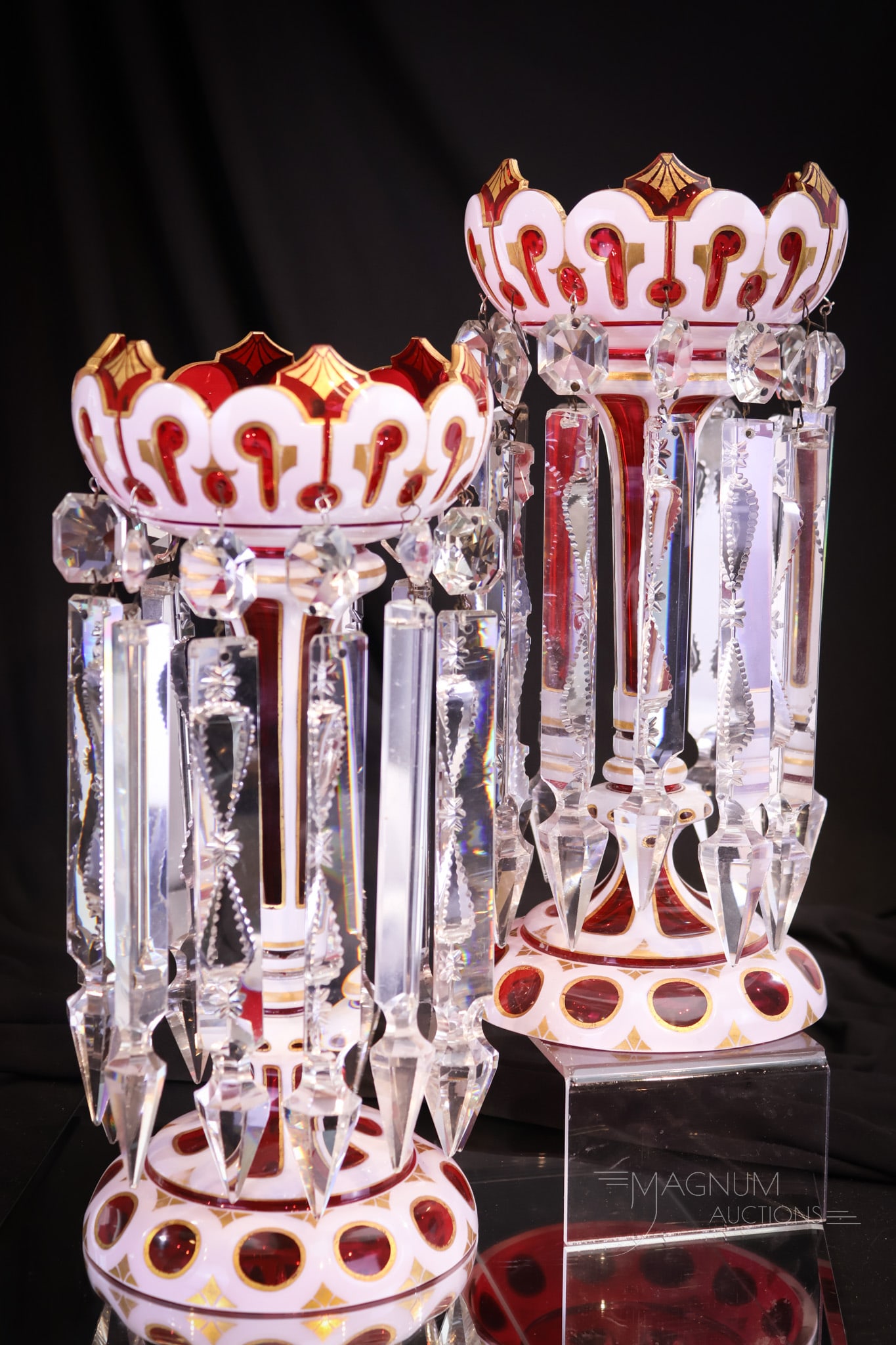 Pair 12 1/2" Tall Victorian Gilt Cut Overlay Cranberry Art Glass Mantle Lusters: What museum condition these Victorian cranberry gilt cut overlay mantle lusters are in. Take a look at the gold and the rich cutting on each one. They are amazing. The size is wonderful as well. Imagi