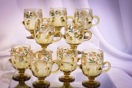 9 pc Set Moser Victorian Applied Tadpole Enameled Art Glass 3 3/4" Cups