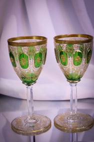 2 pc Lot Moser Victorian Art Glass Cabochon Green & Gold Goblets