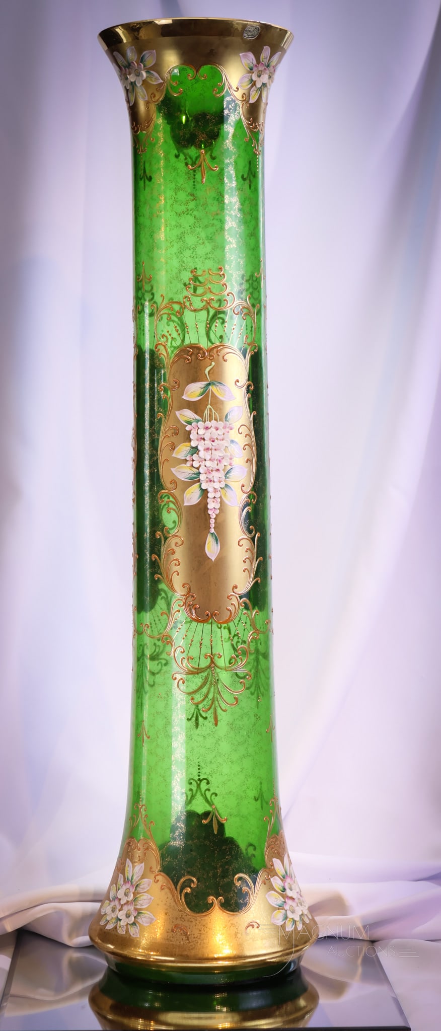 Monumental 29" Bohemian Enameled & Gilt Glass Antique Floral Vase: What an incredible find this Bohemian glass vase is! This super example measures 29 1/4" tall. It is intricately enameled and gilt decorated. The background has very fine gilt work. The enameled flowe