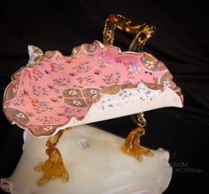 Large Victorian Uranium Peachblow Cased Art Glass Enameled & Gilt Card Receiver