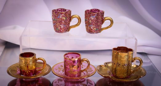 8 pc Lot Moser Miniature Cranberry Decorated Cups & Saucers