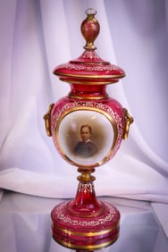 Very Rare Moser Cranberry Art Glass & Porcelain Portrait 14 1/2" Covered Urn