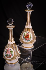 Pair of Victorian Bohemian Cut Overlay Enameled Gilt Glass 8 1/2" Cologne Bottles