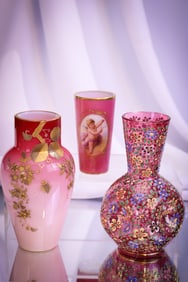 3 pc Lot Bohemian Victorian Glass Moser Cranberry Enameled Uranium & More