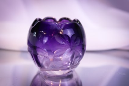 Moser Deep Amethyst Art Glass Miniature Engraved Lily 2" Rose Bowl