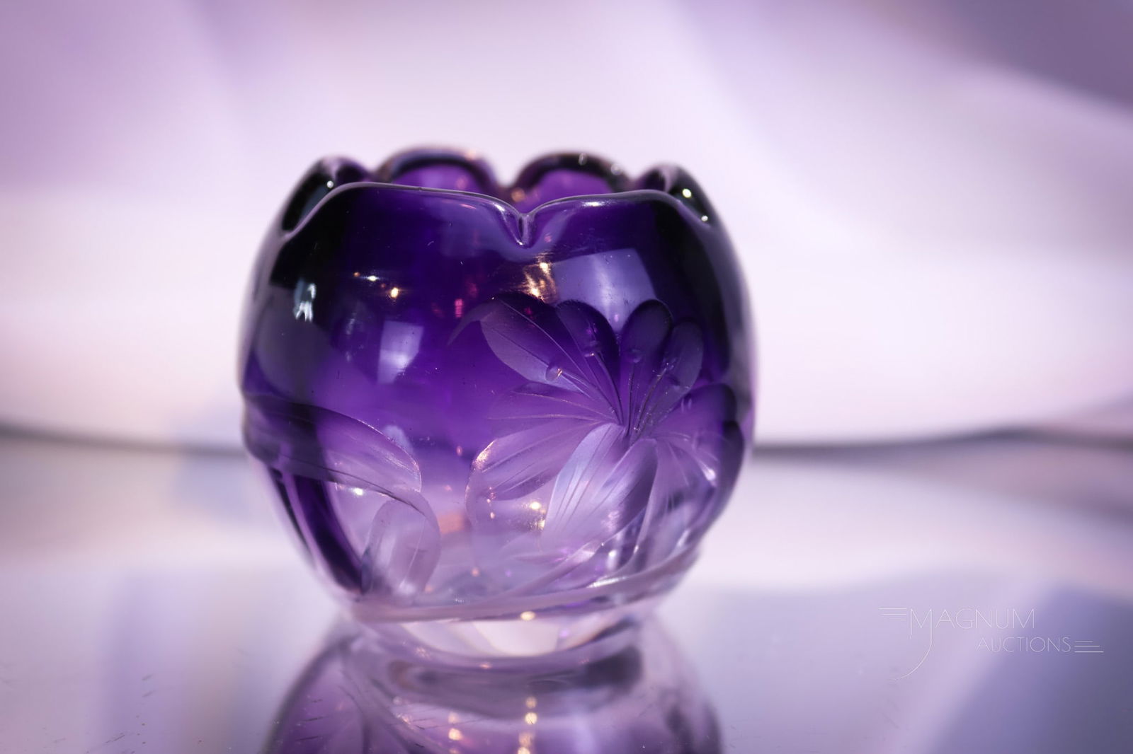 Moser Deep Amethyst Art Glass Miniature Engraved Lily 2" Rose Bowl (1 of 7)