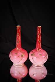 Pair Victorian Webb Peachblow Urnaium Art Glass Gilt 7" Vases