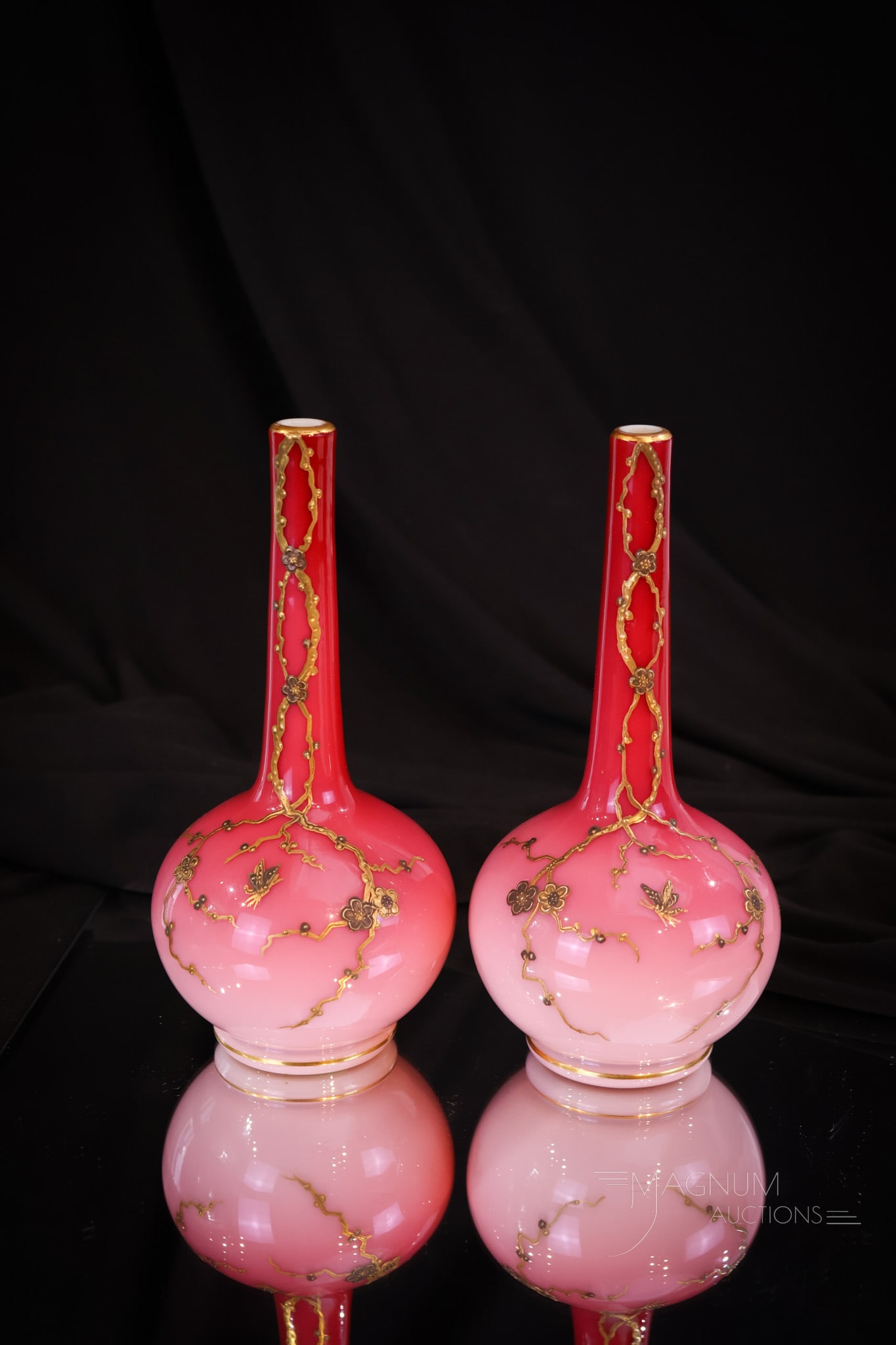 Pair Victorian Webb  Peachblow Urnaium Art Glass Gilt 7" Vases (1 of 6)