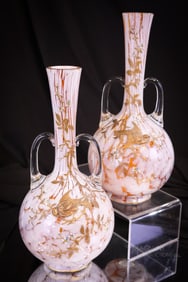 Pair 10 1/2" Signed Harrach Uranium Art Glass Vasa Murrhina Enameled Victorian Glass Vases