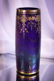 Austrian Blue Iridescent Art Glass Drapery Gilt Enameled 8 1/4" Vase