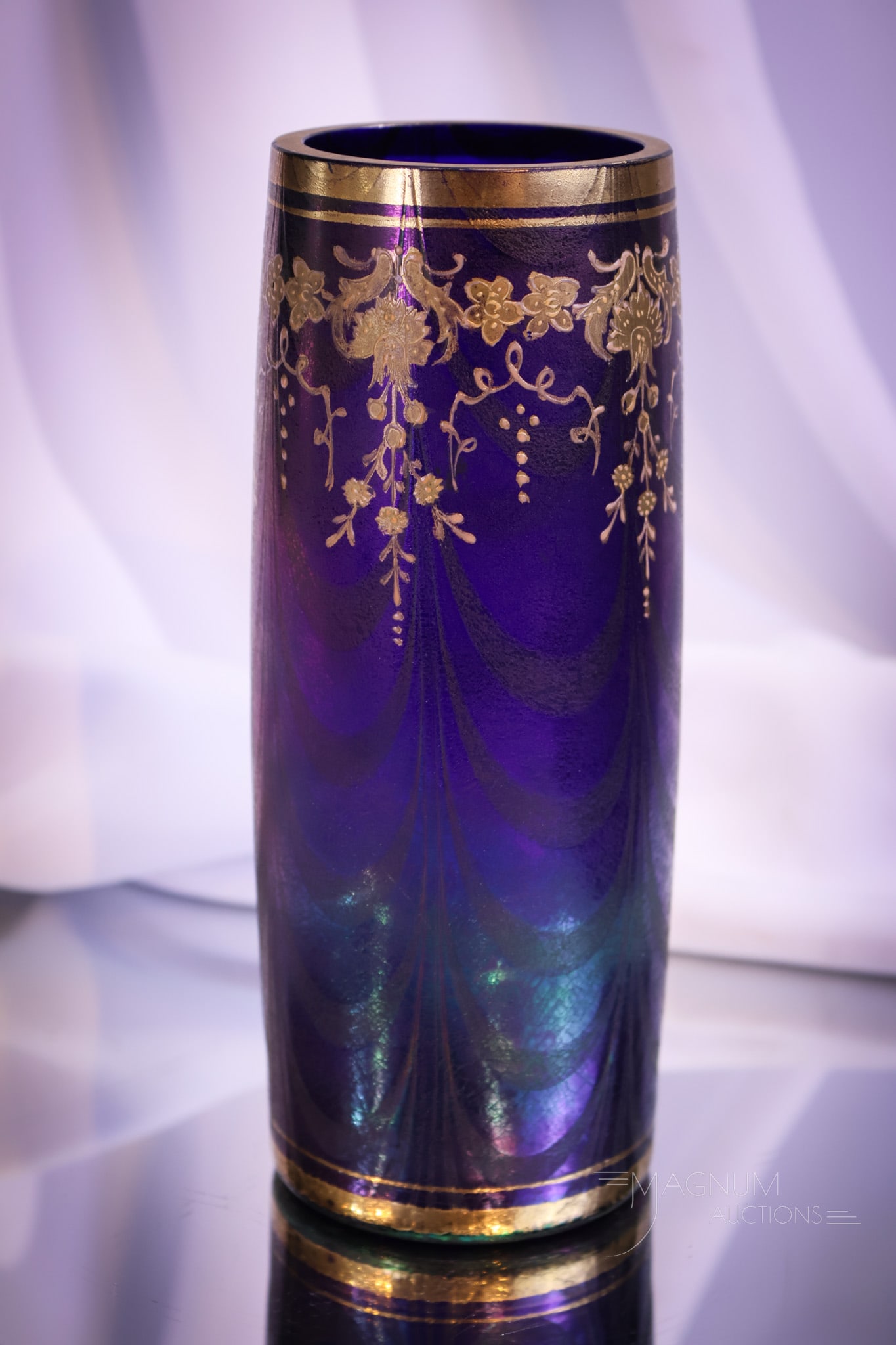 Austrian Blue Iridescent Art Glass Drapery Gilt Enameled 8 1/4" Vase (1 of 8)