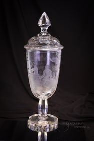 Bohemian Victorian Engraved 16" Crystal Pokal Woodland Hunter & Deer