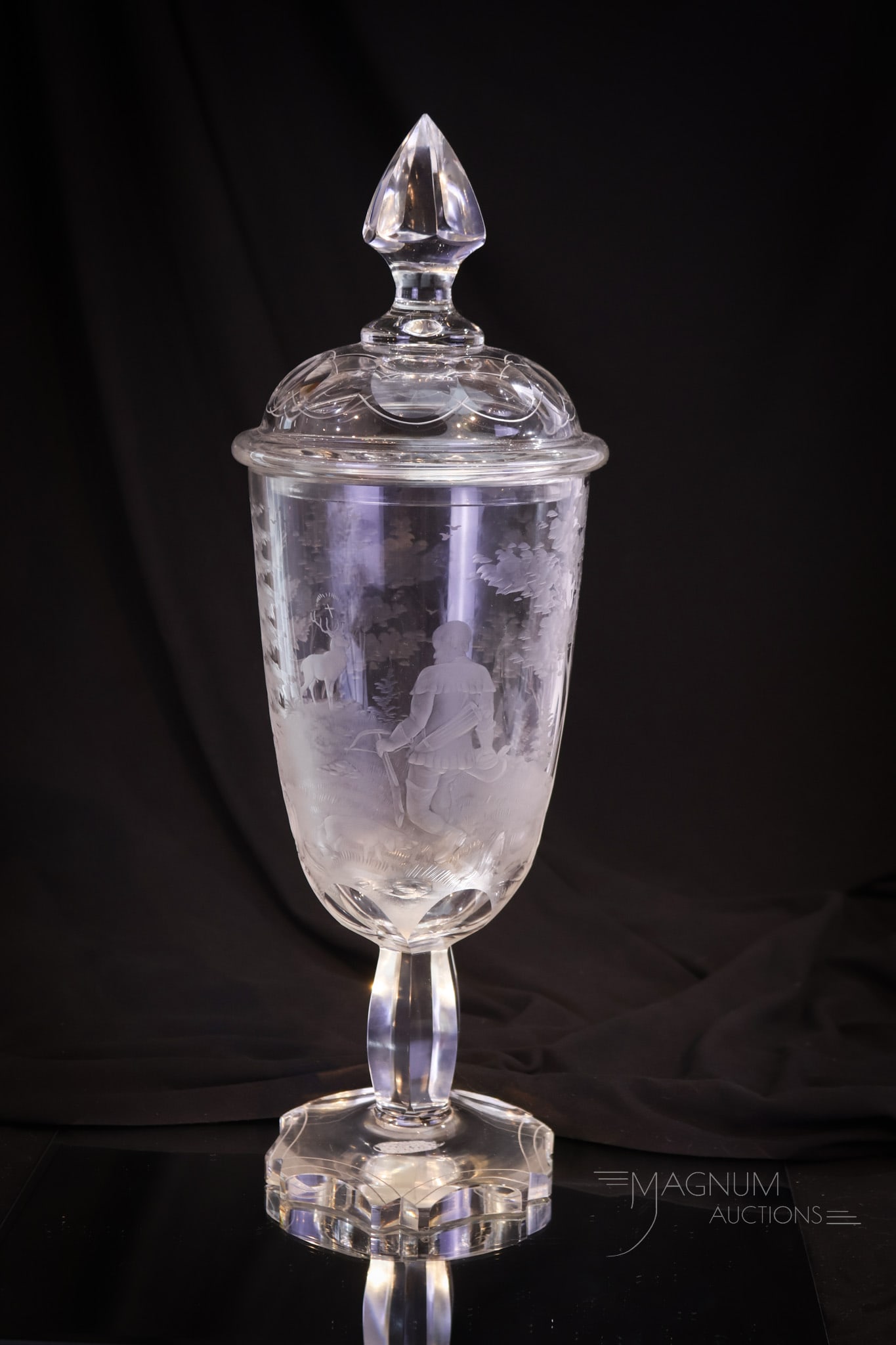 Bohemian Victorian Engraved 16" Crystal Pokal Woodland Hunter & Deer (1 of 9)