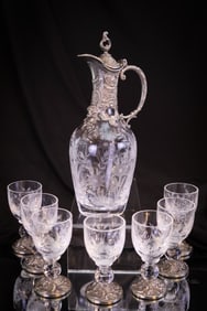 7 pc Continental Engraved Glass Rococo Style Liquor Decanter Cordial Set