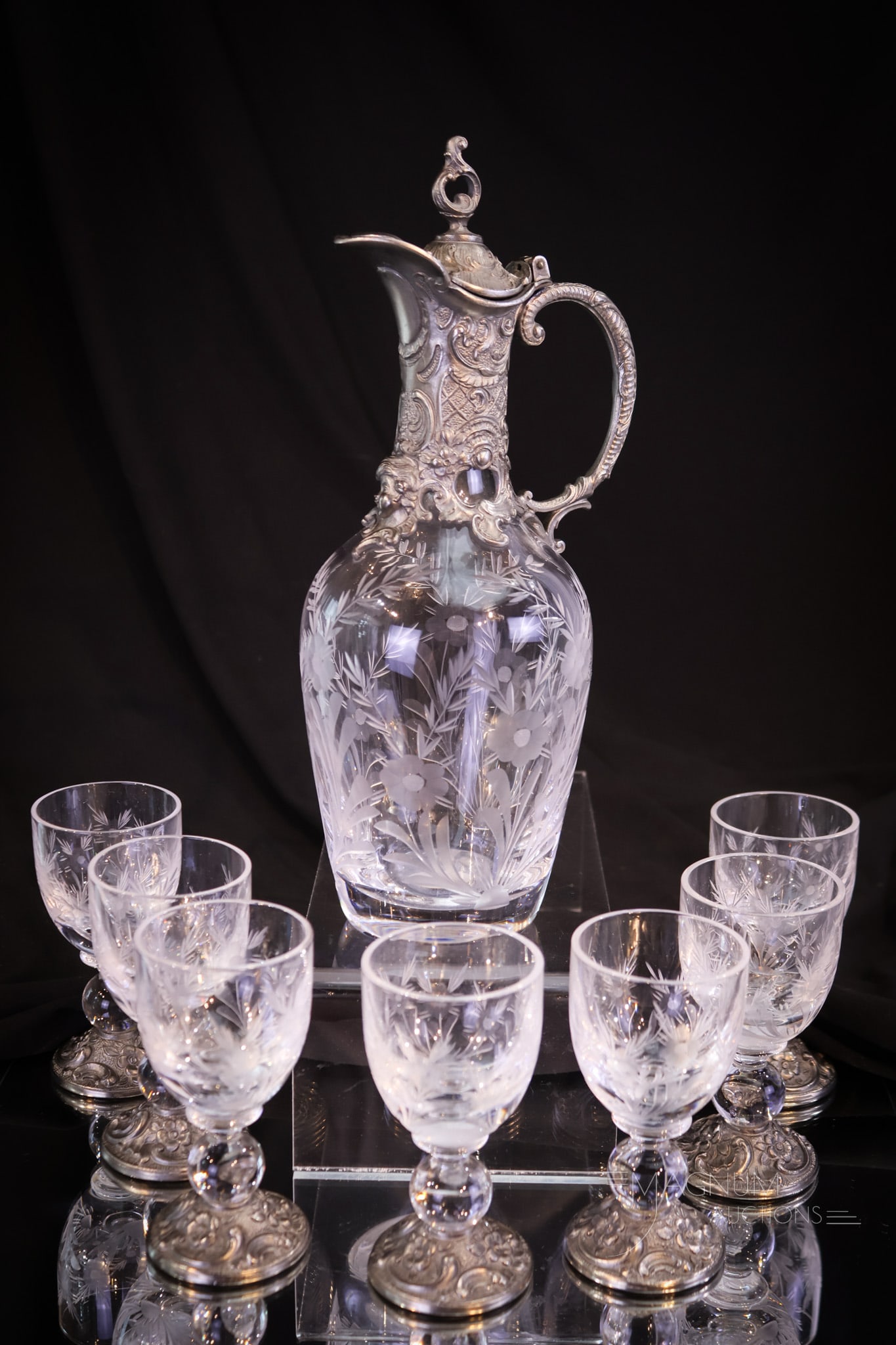 7 pc Continental Engraved Glass Rococo Style Liquor Decanter Cordial Set (1 of 12)