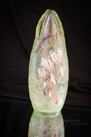 Signed Early Galle' Green Vaseline Uranium Cameo Enameled Glass 9"